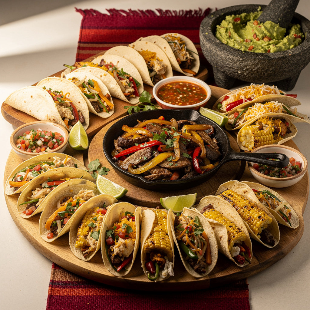 Colorful Mexican menu items and fresh toppings